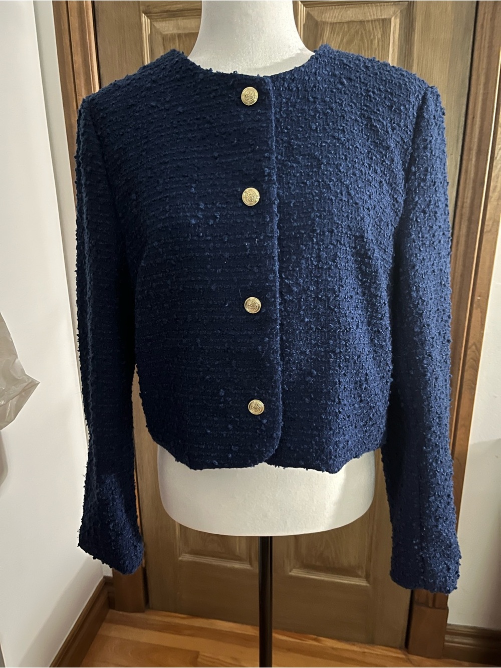 H&M Navy Bouclé Cropped Blazer with Gold Buttons